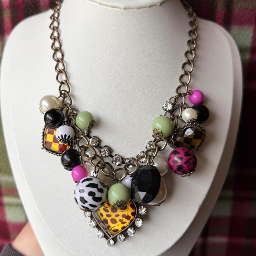 Betsey Johnson Inspired Multicolor Charm Necklace Leopard Rhinestone
